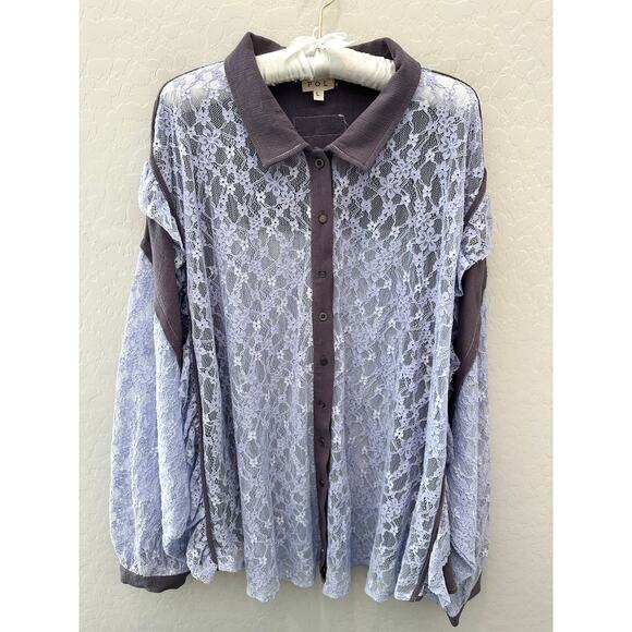 POL | Boho Lavender Lace Button Up Shirt Ruffle Trim Sheer Romantic Top | Large - Picture 2 of 9